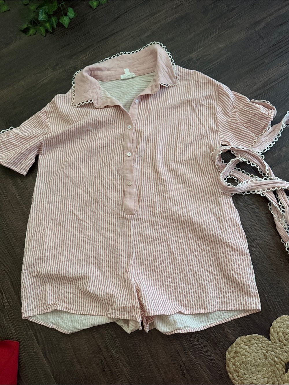 Pink and White Striped Short-Sleeve Romper with Scalloped Trim